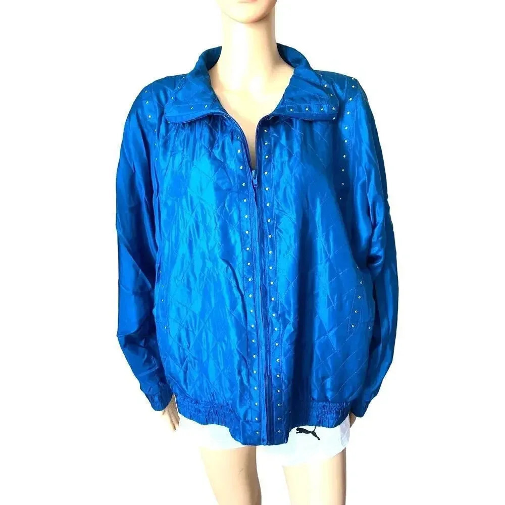 VTG Y2K Rhoda Lynne Silk Metallic Blue Cozy Full zip Jacket Women Size M Pocket